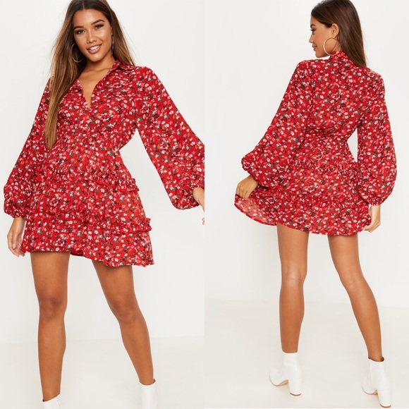 red floral printed frill skater shirt dress PLT Red Floral Frill Skater Shirt Dress